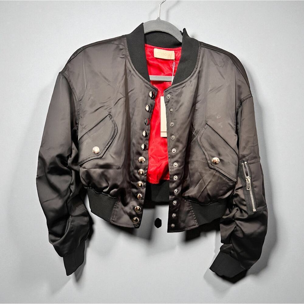 ☀️Choosy Black Satin Button Bomber Jacket Size 14 NWT